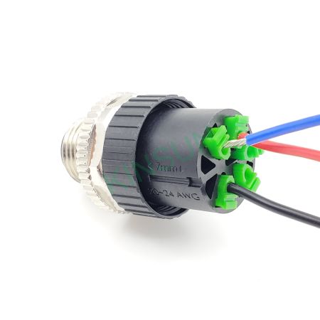 The M12 A-coded cable assembly kit features a screwless and solderless fast connection Stripped wire can directly be inserted into the connecting pocket. By only pressing the groove on the green cap, the wires can be removed easily